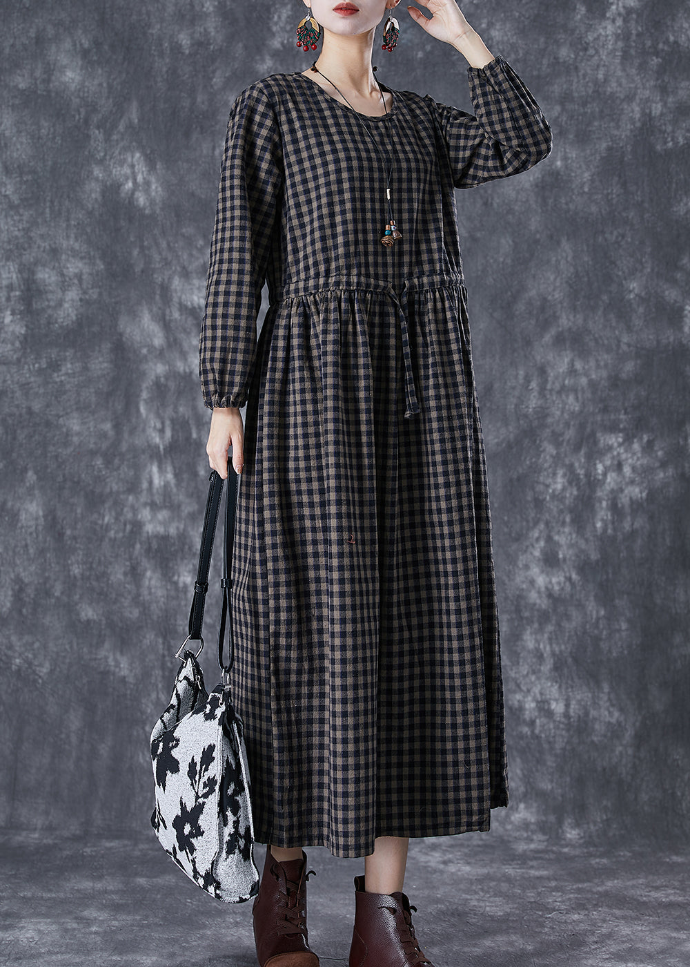 Fitted Black Cinched Plaid Linen Holiday Dress Fall