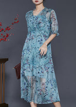 Load image into Gallery viewer, Fitted Blue Ruffled Print Chiffon Party Dress Summer