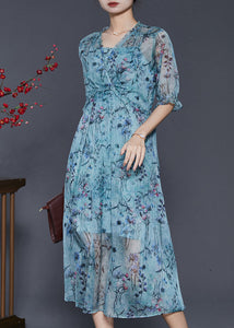 Fitted Blue Ruffled Print Chiffon Party Dress Summer