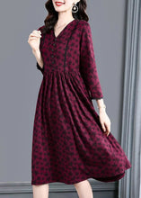 Load image into Gallery viewer, Fitted Brick Red V Neck Patchwork Print Cotton Dress Spring