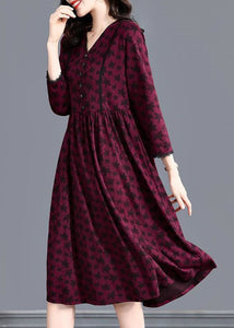 Fitted Brick Red V Neck Patchwork Print Cotton Dress Spring