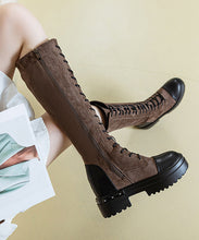 Load image into Gallery viewer, Fitted Brown Cowhide Leather Splicing Lace Up Chunky Boots