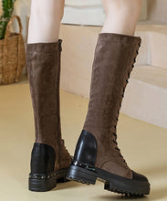 Load image into Gallery viewer, Fitted Brown Cowhide Leather Splicing Lace Up Chunky Boots