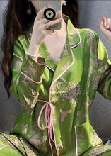 Load image into Gallery viewer, Fitted Green Peter Pan Collar Print Ice Silk Two Pieces Set Spring