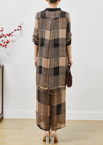 Fitted Khaki Oversized Plaid Chiffon Two Pieces Set Summer