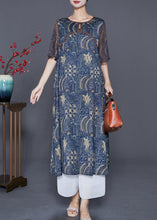 Load image into Gallery viewer, Fitted Navy O-Neck Patchwork Print Silk Dresses Cloak Sleeves