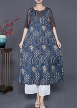 Load image into Gallery viewer, Fitted Navy O-Neck Patchwork Print Silk Dresses Cloak Sleeves