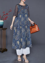 Load image into Gallery viewer, Fitted Navy O-Neck Patchwork Print Silk Dresses Cloak Sleeves