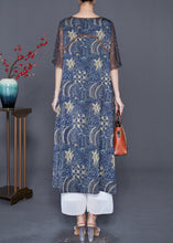 Load image into Gallery viewer, Fitted Navy O-Neck Patchwork Print Silk Dresses Cloak Sleeves