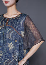 Load image into Gallery viewer, Fitted Navy O-Neck Patchwork Print Silk Dresses Cloak Sleeves