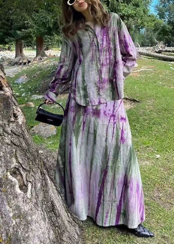 Fitted Purple Peter Pan Collar Tie Dye Shirts And Maxi Skirts Two Piece Set Long Sleeve