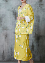 Load image into Gallery viewer, Fitted Yellow Tasseled Floral Silk Velvet Two Pieces Set Spring