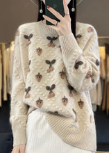 Load image into Gallery viewer, Floral Beige O Neck Cozy Cotton Knit Sweaters Long Sleeve