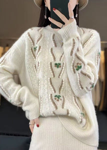 Floral Beige O Neck Hollow Out Cozy Wool Sweaters Spring