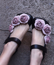 Load image into Gallery viewer, Floral Black Buckle Strap Splicing Leather Upper Baotou Walking Sandals