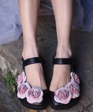 Load image into Gallery viewer, Floral Black Buckle Strap Splicing Leather Upper Baotou Walking Sandals