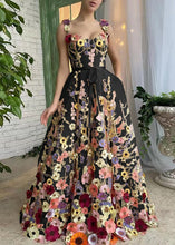 Load image into Gallery viewer, Floral Black Embroidered Lace Up Tulle Dress Sleeveless