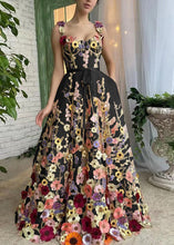 Load image into Gallery viewer, Floral Black Embroidered Lace Up Tulle Dress Sleeveless