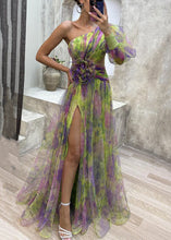 Load image into Gallery viewer, Floral Green Asymmetrical Side Open Tulle Dress Long Sleeve