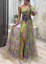 Load image into Gallery viewer, Floral Green Asymmetrical Side Open Tulle Dress Long Sleeve