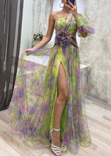 Load image into Gallery viewer, Floral Green Asymmetrical Side Open Tulle Dress Long Sleeve