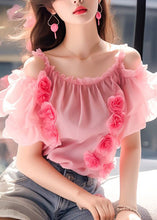 Load image into Gallery viewer, Floral Pink Ruffled Wrinkled Chiffon Top Short Sleeve