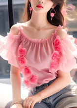 Load image into Gallery viewer, Floral Pink Ruffled Wrinkled Chiffon Top Short Sleeve