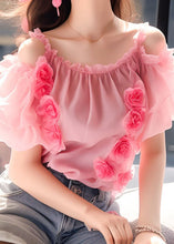 Load image into Gallery viewer, Floral Pink Ruffled Wrinkled Chiffon Top Short Sleeve