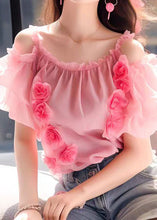 Load image into Gallery viewer, Floral Pink Ruffled Wrinkled Chiffon Top Short Sleeve