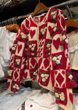 Load image into Gallery viewer, Floral Red O Neck Button Patchwork Knit Cardigan Long Sleeve