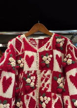 Load image into Gallery viewer, Floral Red O Neck Button Patchwork Knit Cardigan Long Sleeve