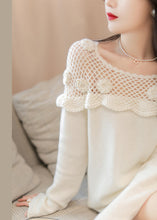 Load image into Gallery viewer, Floral White Hollow Out Patchwork Cotton Knit Top Long Sleeve