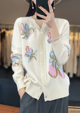 Load image into Gallery viewer, Floral White O Neck Button Cotton Knit Coat Spring