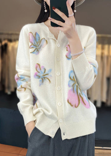 Floral White O Neck Button Cotton Knit Coat Spring