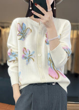 Load image into Gallery viewer, Floral White O Neck Button Cotton Knit Coat Spring