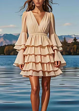 Load image into Gallery viewer, French Apricot V Neck Layered Ruffled Chiffon Dress Flare Sleeve