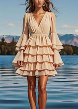 Load image into Gallery viewer, French Apricot V Neck Layered Ruffled Chiffon Dress Flare Sleeve