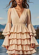 Load image into Gallery viewer, French Apricot V Neck Layered Ruffled Chiffon Dress Flare Sleeve