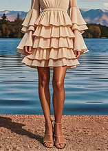 Load image into Gallery viewer, French Apricot V Neck Layered Ruffled Chiffon Dress Flare Sleeve