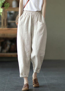 French Color Stripes Elastic Waist Harem Summer Pants Linen