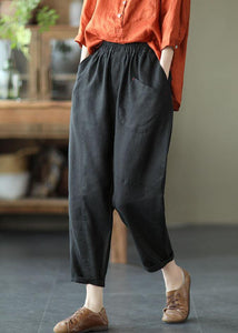 French Black Geometry Elastic Waist Harem Summer Pants Linen