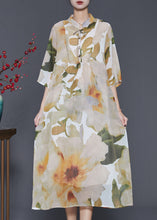 Load image into Gallery viewer, French Beige Stand Collar Print Chiffon Dress Summer