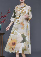 Load image into Gallery viewer, French Beige Stand Collar Print Chiffon Dress Summer