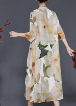 Load image into Gallery viewer, French Beige Stand Collar Print Chiffon Dress Summer