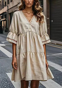 French Beige V Neck Wrinkled Patchwork Cotton Dresses Summer