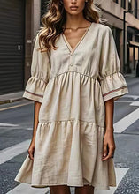 Load image into Gallery viewer, French Beige V Neck Wrinkled Patchwork Cotton Dresses Summer