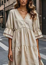 Load image into Gallery viewer, French Beige V Neck Wrinkled Patchwork Cotton Dresses Summer