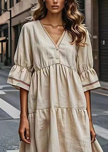 French Beige V Neck Wrinkled Patchwork Cotton Dresses Summer