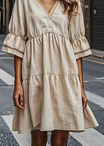 French Beige V Neck Wrinkled Patchwork Cotton Dresses Summer