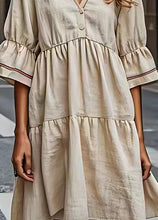 Load image into Gallery viewer, French Beige V Neck Wrinkled Patchwork Cotton Dresses Summer